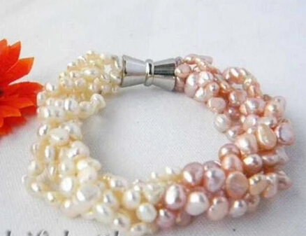 

01429 5strands 8'' White Pink baroque Freshwater Pearl Bracelet