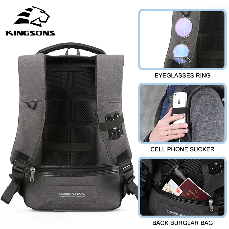Kingsons Men's Bag 13''15'' USB Charging Backpacks Anti-theft Backpack Bag Laptop Bags Men's Women's Fashion Travel Bags Nylon