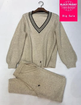 

Winter Woolen + Cashmere Knitted warm Suit deep-V neck Velvet Sweater + Mink Cashmere Trousers Leisure Two-piece suits wj2810