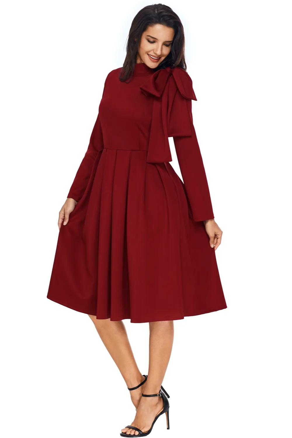 Burgundy-Bowknot-Embellished-Mock-Neck-Pocket-Dress-LC61832-3-3