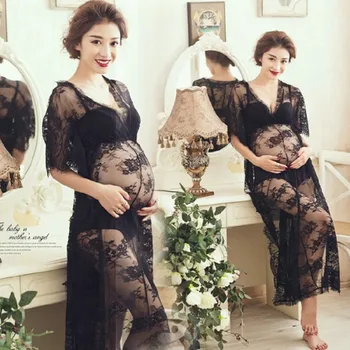 

Hot Sale Maternity Dress for Photo Shoot Black Lace Long Dress for Pregnant Women V-Neck Maternity Photography Props