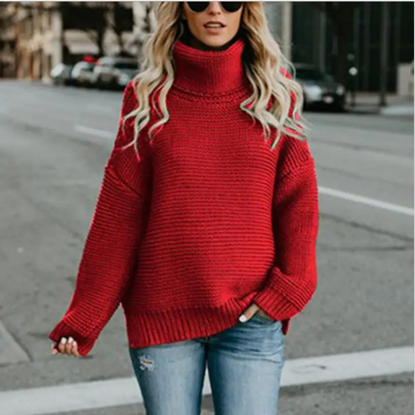 Для женщин осенне-зимняя трикотажная одежда Удлиненный свитер с высоким, плотно облегающим шею воротником Женский пуловер теплый толстый вязаный свободный Разделение свитер для Для женщин E010 - Цвет: red