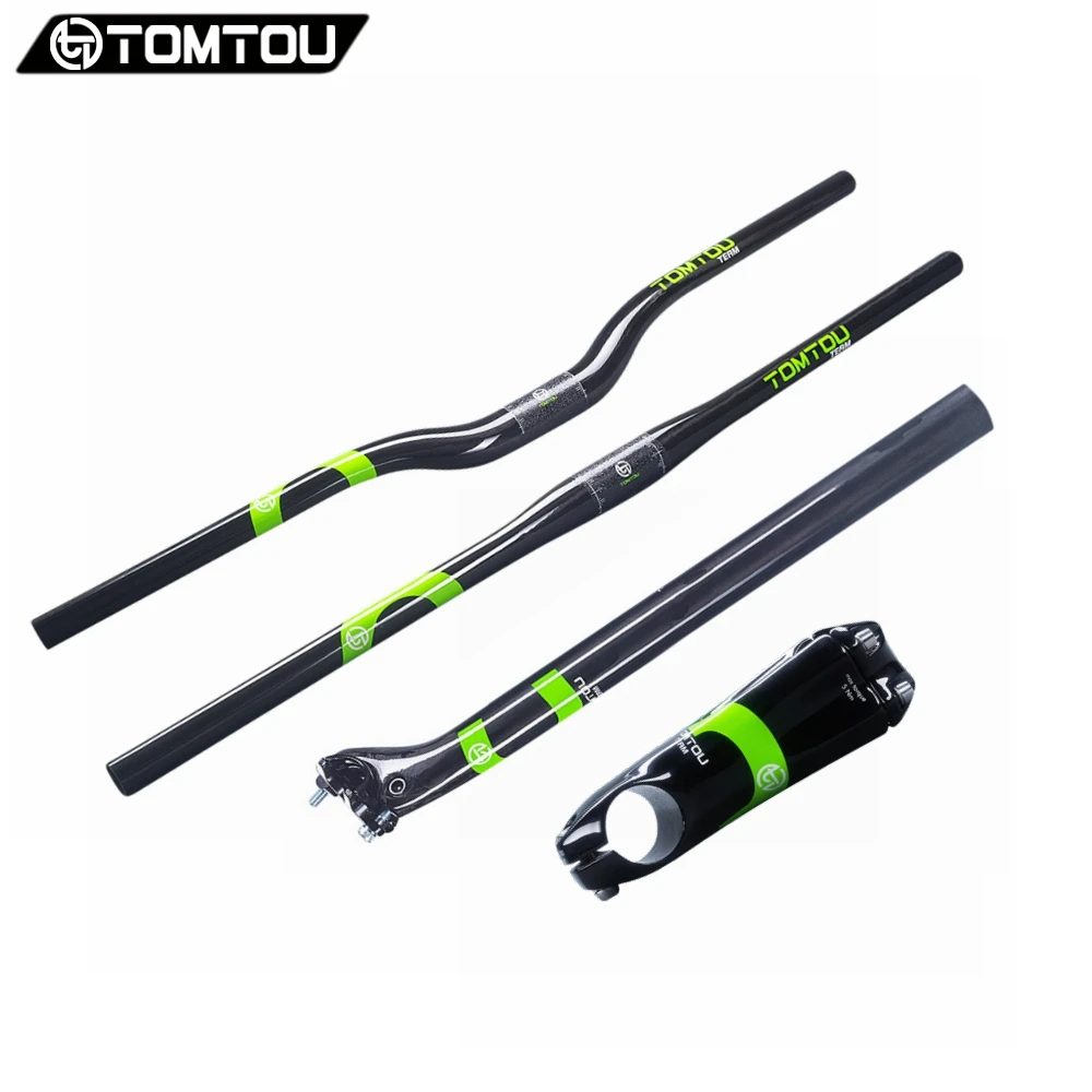 

TOMTOU Carbon Handlebar Set MTB Bicycle Accessories Full UD Carbon Bike Part Flat/Riser HandleBar Stem + Seatpost Green - TC3T16