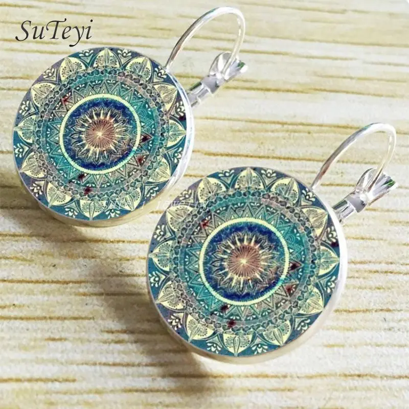 SUTEYI-Boucles d'oreilles bohème pour femmes, amulette de yoga au henné, cabochon en verre rond, bijoux mandala