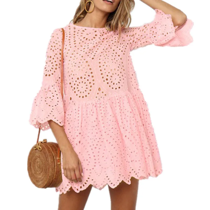 

2019 New Women's Lace Embroidery Sexy Dress Ruffle Sleeve White Cotton Mini Dresses Hollow Out Short Casual Party Dress Vestidos