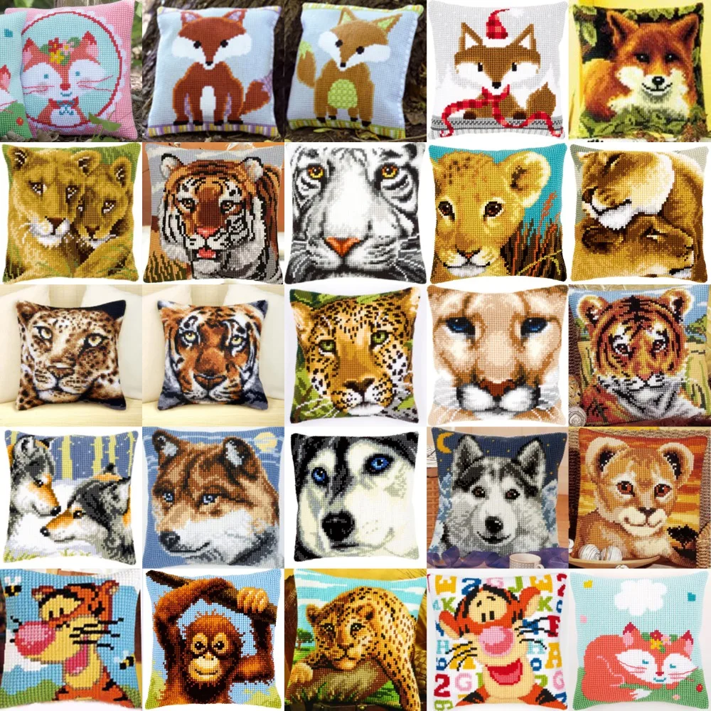 

DIY Needlework Kit Unfinished Acrylic Yarn Embroidery Pillow Tapestry Canvas Cushion Front Cross Stitch Pillowcase JCSOY animals