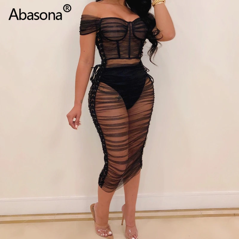 

Abasona Strapless Lace Up Side Mesh Bodycon Midi Dress Women Cloak Sexy Party Dresses See Through Summer Casual Beach Dress