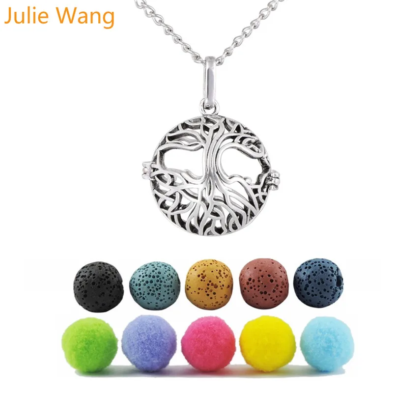 

Julie Wang 1 Set Alloy Essential Oil Diffuser The Tree of Life Locket Necklace Pendant Free 5pcs Lava Stone Cotton Ball Jewelery