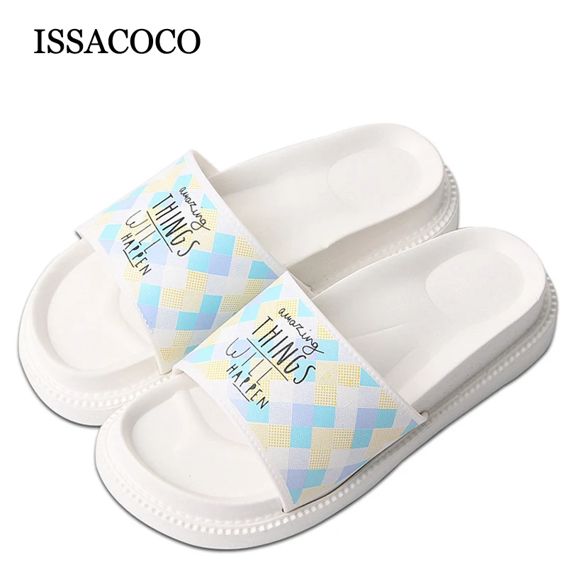 ISSACOCO Women's Summer Fashion Gingham Slippers Flat Med Indoor High Platform Beach for Women | Обувь