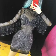 Новое Стильное черное Сетчатое платье с блестящими камнями, Прозрачное платье с кисточками и рукавами для женщин, одежда для сцены, женская одежда на день рождения