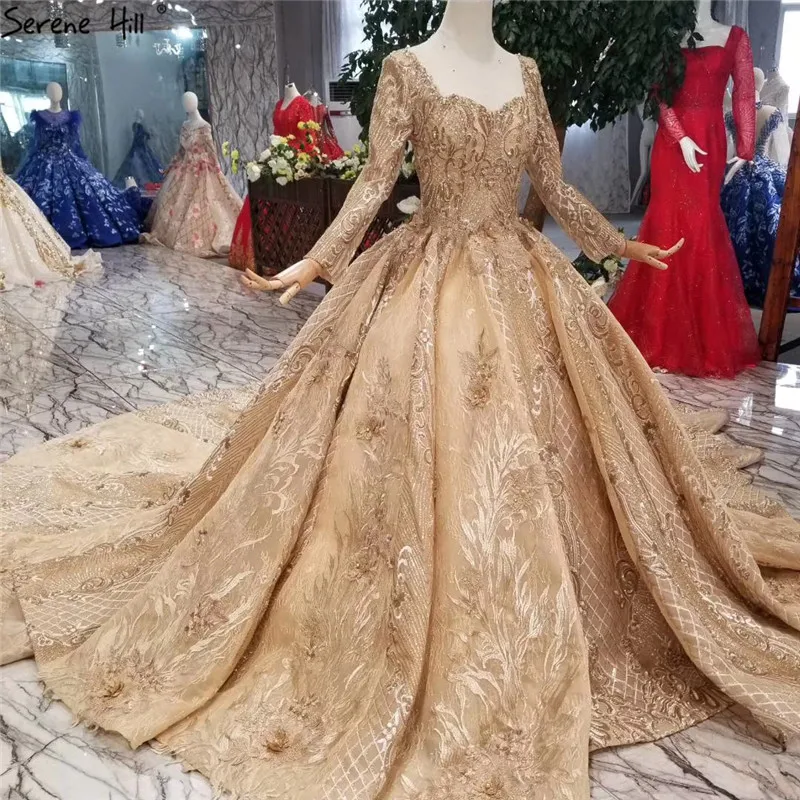 Золотые Роскошные Длинные рукава высококлассные свадебные платья 2019 ручной работы Цветы блестками невесты настоящая фотография на заказ