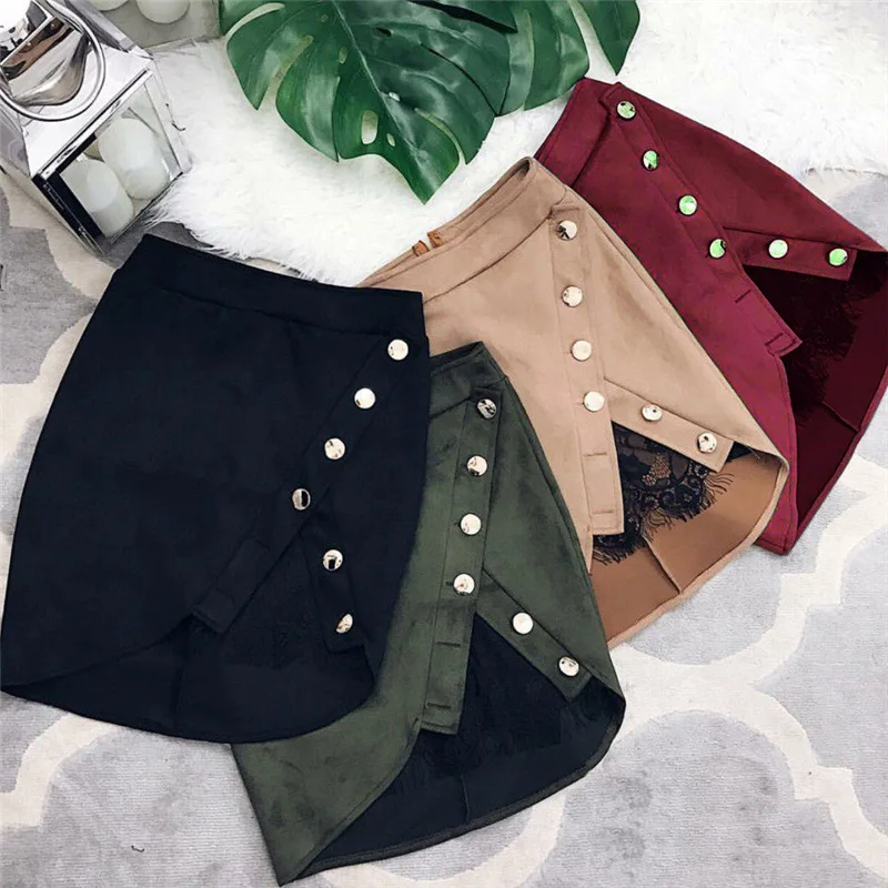 New fashion Women Ladies High Waist Pencil Skirts button lace patchwork sexy Bodycon Suede Leather split party casual Mini Skirt