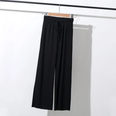 Летние Повседневное прямые брюки женские бежевого цвета с эластичной резинкой на талии, трикотажные брюки с широкими штанинами модные базовые брюки свободное до щиколотки брюки - Цвет: black