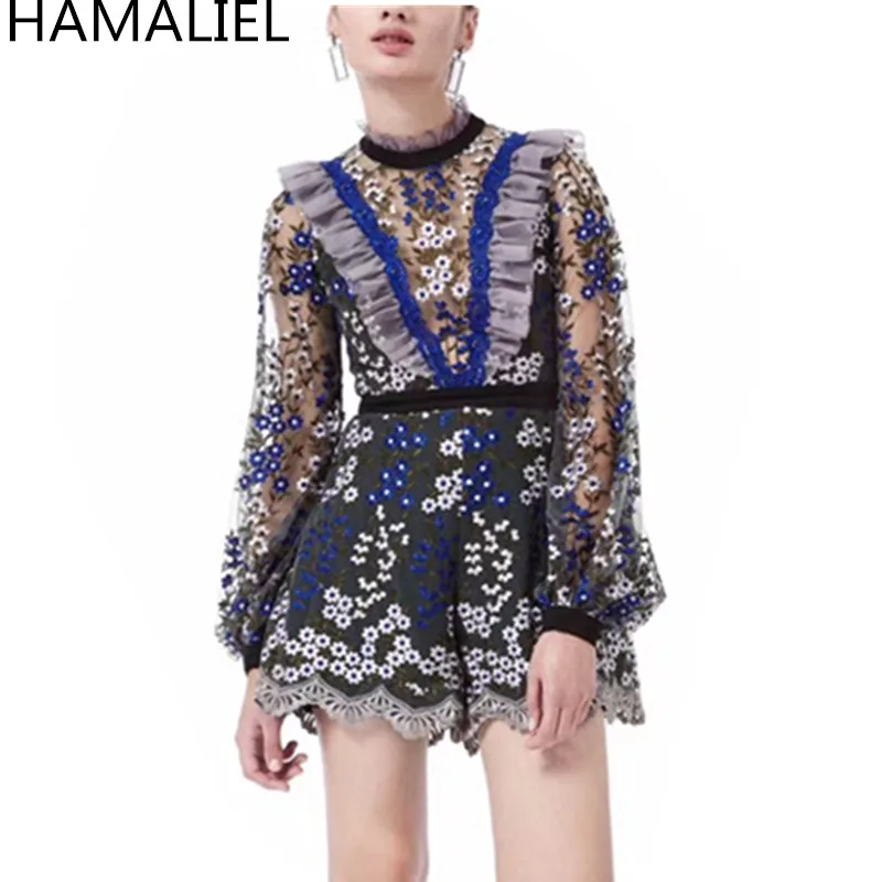 

Autumn 2018 Women Luxury Jumper High Qualiyt Lace Patchwork Mesh Floral Embroidery Ruffles Long Sleeve Bodycon Romper Playsuit