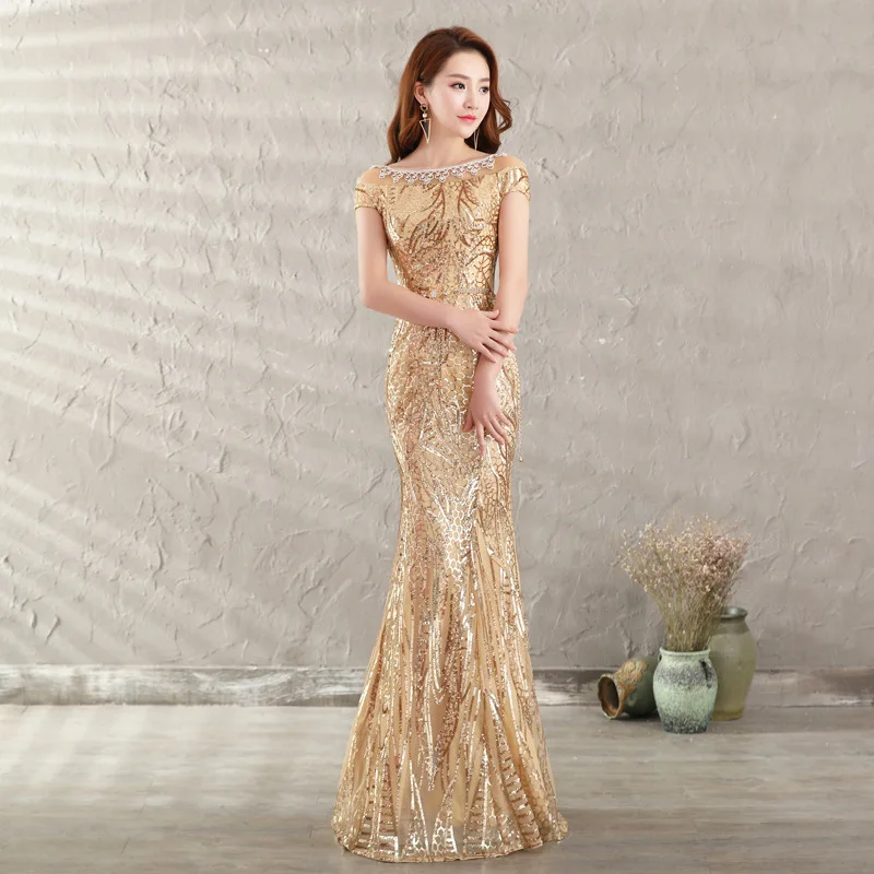 

Luxury Beads Sexy Mermaid Golden Evening Dresses Scoop neck Long Party Prom Dresses Plus Size Party Gowns Abendkleid