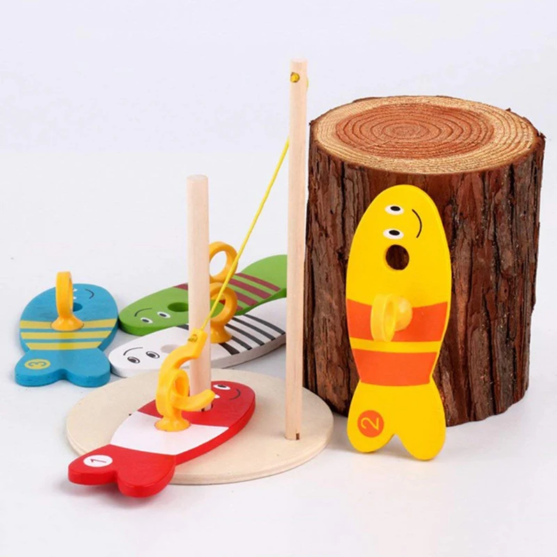 8Pcs/Set Colorful Wooden Fishing Digital Toys Baby Kids Fish Set Column Blocks Game Children Cute Early Educational Cartoon Toy