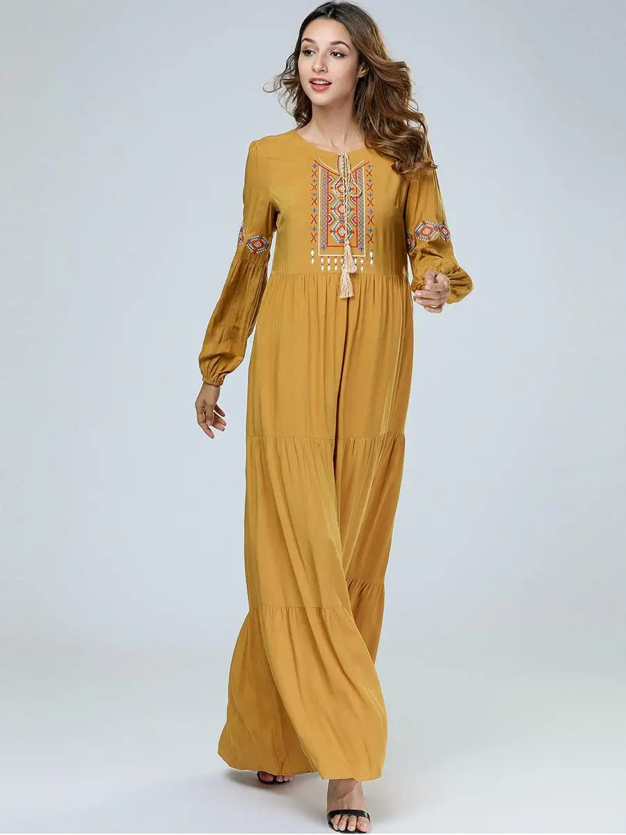 Женское элегантное цветочное длинное платье с вышивкой Абая платья свободные платья Ближний Восток мусульманская исламская одежда
