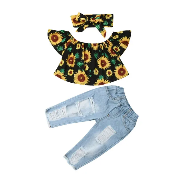 girls clothes Toddler Baby Girl Kid Off Shoulder Sunflowers Tops+Denim Pants Outfits Set vetement enfant fille - Image 2