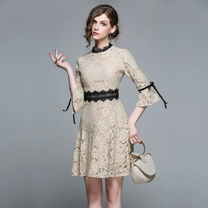 HIGH QUALITY New Fashion 2018 Runway Dress Women's Flare Sleeve Hollow out lace fishtail dress Lady Skirt Midi Dress