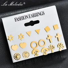 Новинка, 9 пар/уп., простой золотистый, нержавеющая сталь, геометрический круглый крест, жизнь дерева, треугольные серьги-гвоздики для женщин, ювелирные изделия для ушей