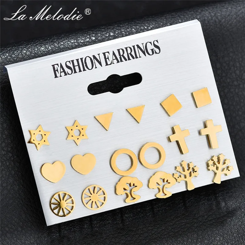 

New 9pair/set Simple Gold Color Stainless Steel Geometric Round Cross Life of Tree Triangle Stud Earrings For Women Ear Jewelry