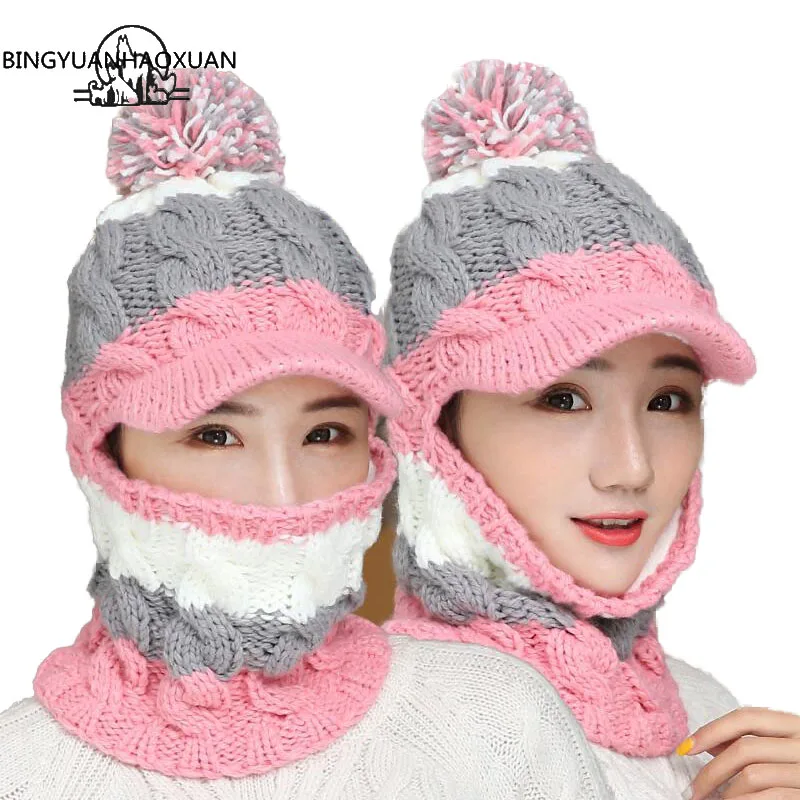 

BINGYUANHAOXUAN 2017 Winter Caps Skullies Hats Winter Hats For Women Woolen Scarf Hats Balaclava Mask Gorras Hood Knitted Hat