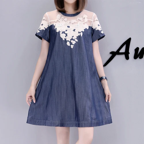 New Lace Patchwork Embroidery Denim Dresses Summer Women Half Sleeves Loose A Line Jeans Dresses Plus Sizes Casual Dresses Robe