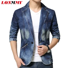 LONMMY, Джинсовый блейзер, Мужские приталенные ковбойские пальто, однобортные, для отдыха, мужской костюм, джинсовая куртка, мужская повседневная куртка, новинка, весна