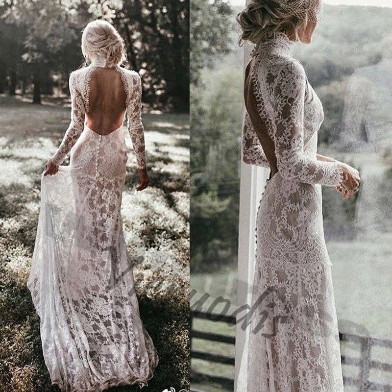 s-l1600 (6)               High Neck Wedding Dresses Beach Mermaid Long Sleeves Bridal Gown Sexy Backless