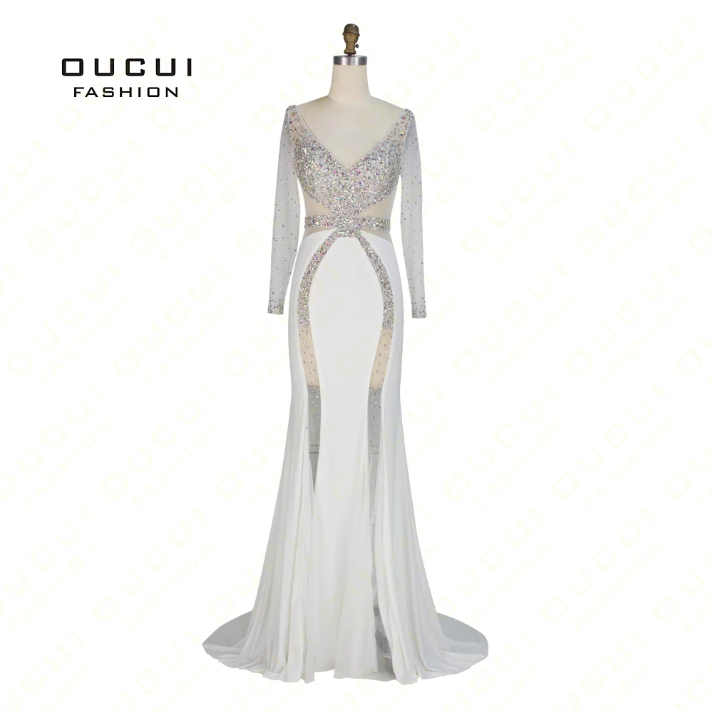 

Real Photos Mermaid Beading Handwork Women celebrity Evening Dresses Long see through Tulle Open back Full sleeve OL102891