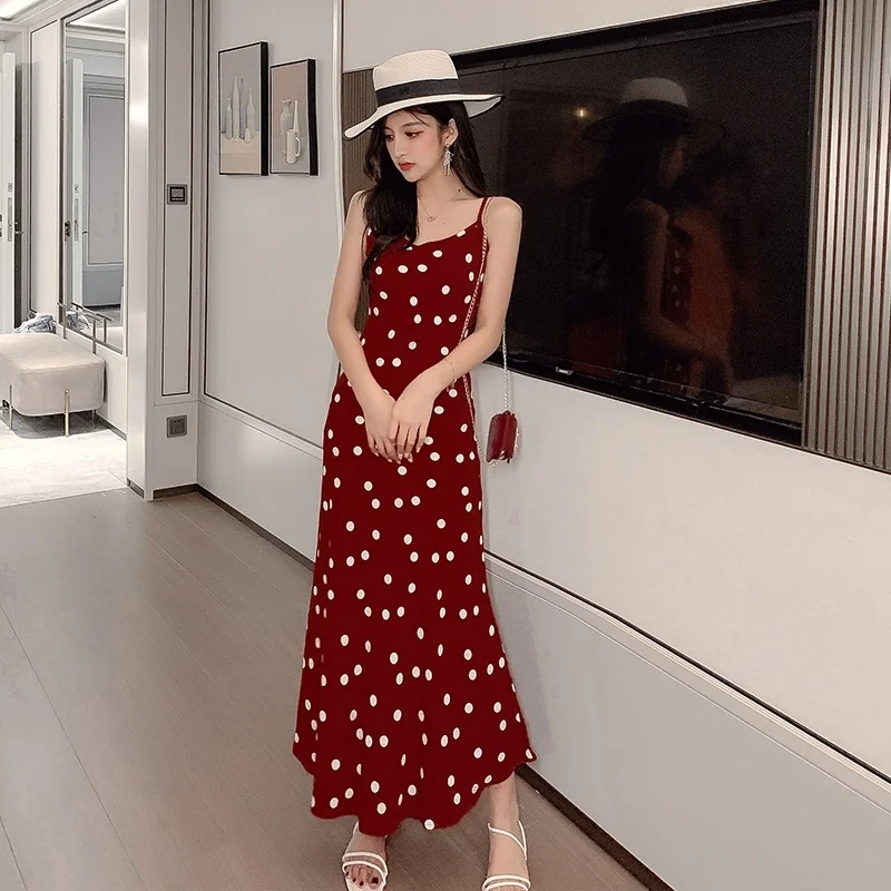 

Sexy Women Maxi Dress Sleeveless V-nack Sling Long Dresses Slim Red Polka-dot Dress Sundress Female Summer
