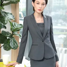 Униформа блейзеры костюмы с 2 частей топы и платье для офисный бизнес для женщин Рабочая Одежда наборы элегантный серый