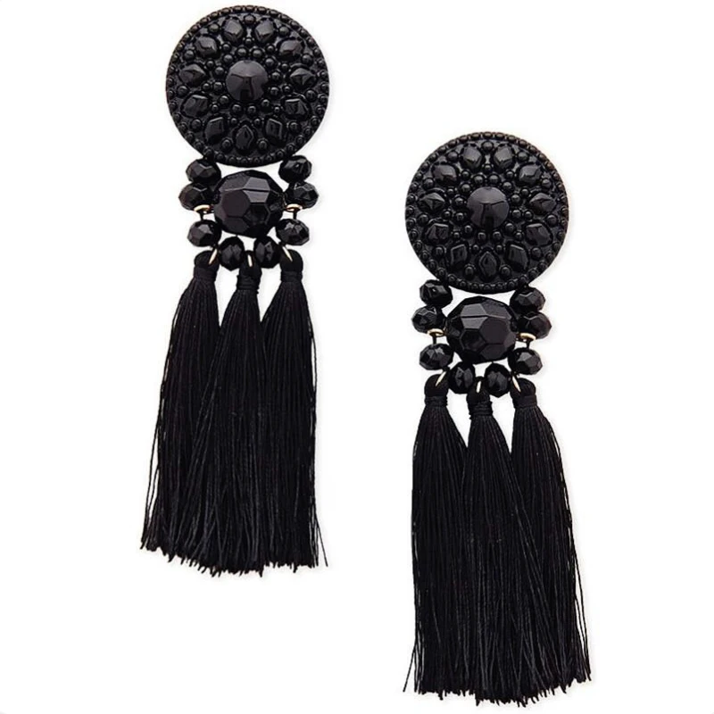 

2018 Statement Ethnic Black Tassels Earring For Women Vintage Long Fringe Drop Earring With Stone Brincos Female Fashion Jewelry