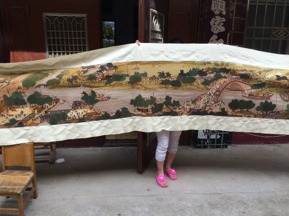 6.1M length 100 hand embroidered Chinese classical painting qingming scroll sitting room office