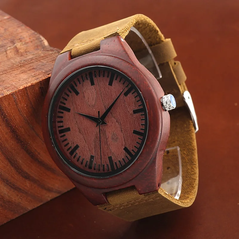 BOBO BIRD Red Sandalwood Wooden Watch mens erkek kol saati Quartz Movement Watch with Leather Strap for Men in Gift Box