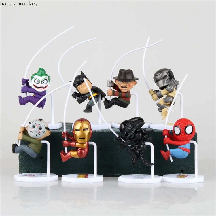 

8pcs/set Famous Character Spiderman Batman Iron Man Alien Joker Predators Freddy Jason Action Figure Toys