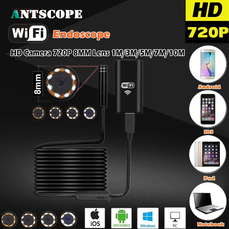 8MM OD 2MP 8LED HD720P Wifi Endoscop Android USB IOS Endoscope Camera Flexible Hard Wire Tube