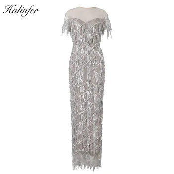 

Halinfer 2018 New summer women dress sexy bodycon o-neck sequined mesh dress elegant celebrity party silver dresses vestidos