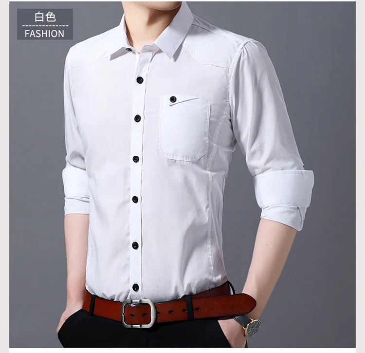 Осенние новые мужские рубашки Slim Fit Pocket мужские Camisa черный белый хаки кнопка вниз длинный рукав хлопок Повседневная Мужская рубашка 4XL 5XL