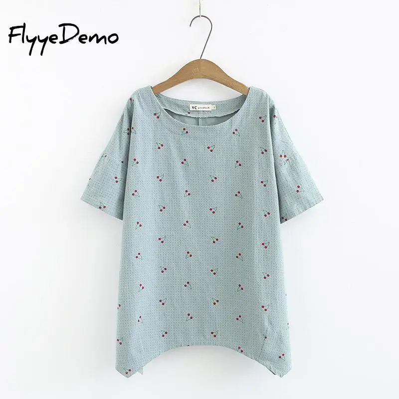 

2019 Summer New Women Short Sleeve O Neck Irregular Tees Tops Loose Casual T-shirt Female Cherry Print T-shirt Tops Plus Size