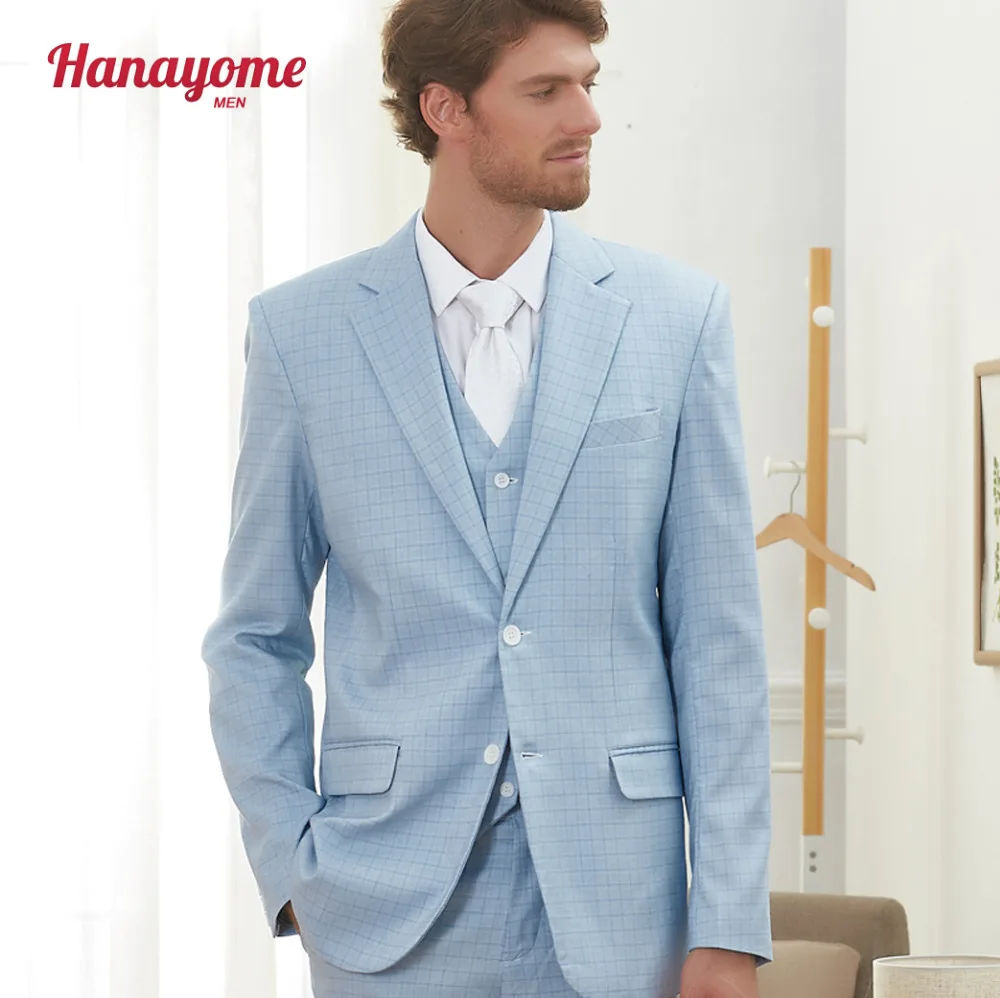Us 899 Mens Preppy Style 3 Piece Suit Sky Blue Checked 2 Button Formal Csual Suits For Graduation Homecoming Blazer Jacket Trousers In Suits