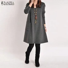 Vestidos 2018 Spring ZANZEA Women Vintage Long Sleeve Pocket Dress Ladies Casual Loose Solid V Neck
