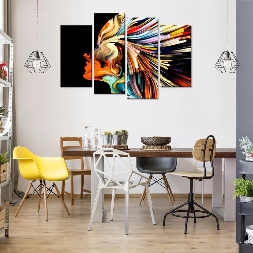 

4 Pieces Printed Canvas Women Profile Colors black background Painting 4 panels canvas prints poster picture home decor