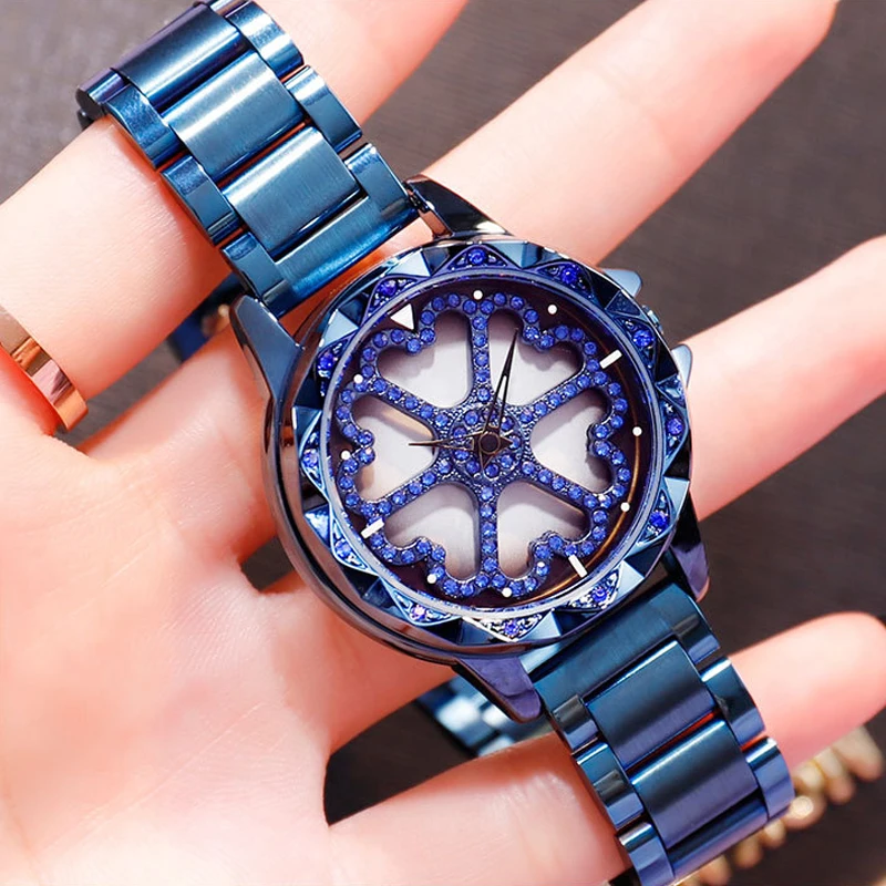 

Luxury Rotate Flower Women Watches Rose Gold Stainless Steel Crystal Quartz Lady Watch Waterproof Female Clock relogio feminino