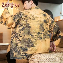Zongke китайский пейзаж краски кимоно мужские японские кимоно кардиган три четверти кимоно рубашка мужская гавайская рубашка 5XL