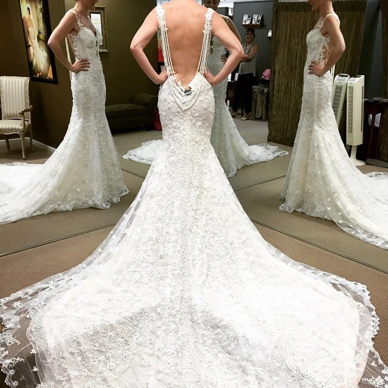 Vestido De Noiva White Vintage Lace Mermaid Backless Wedding Vestido De Noiva White Vintage Lace Mermaid Backless Wedding Dresses 2016 Pearls Long Train Weddings Gown Robe Marriage In From