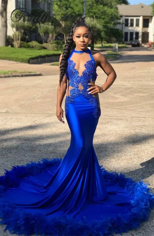 2019 Black Girls Royal Blue Mermaid Prom Dress with Feathers Train
