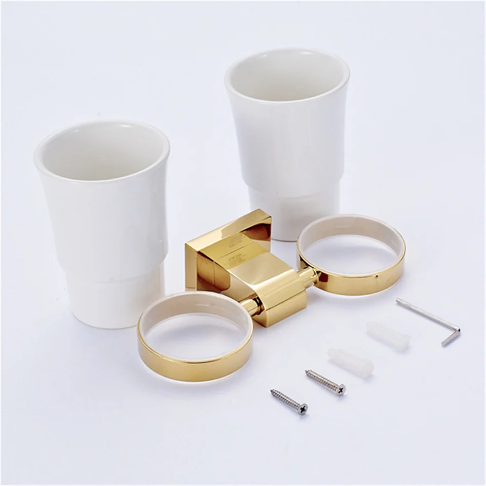 Лейден роскошный золотой/хром двойной Зубная щётка держатель с Керамика чашка настенный латунь Зубная щётка вешалка Аксессуары для ванной