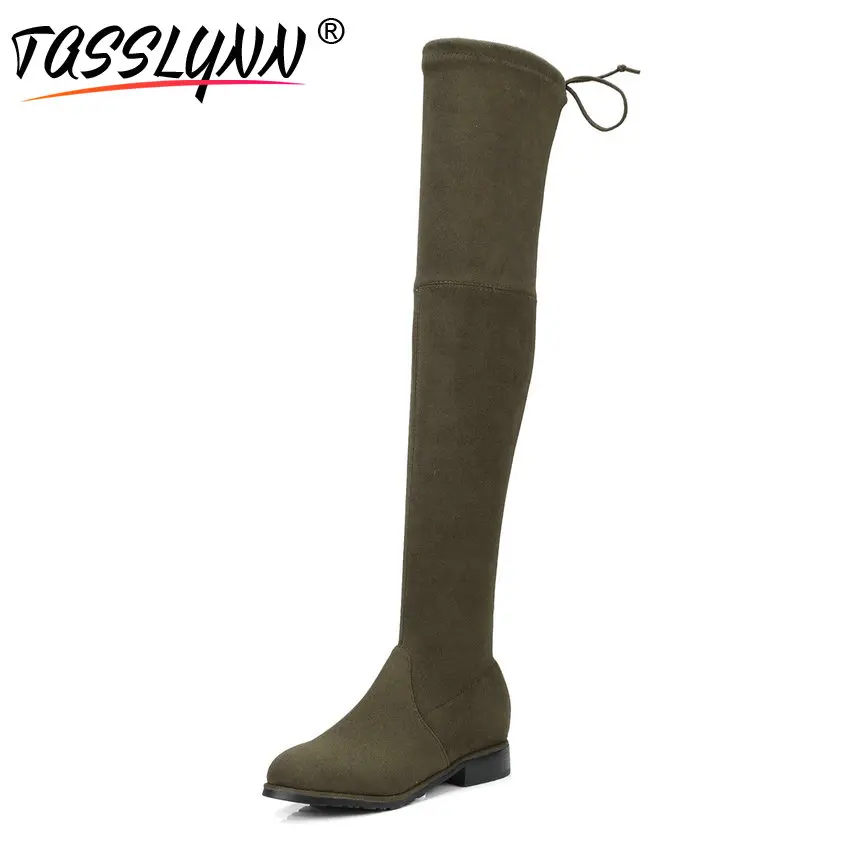 

TASSLYNN 2018 Women Boots Square Med Heels Over The Knee Boots Round Toe Autumn Winter Shoes Lace Up Women Shoes Size 34-39