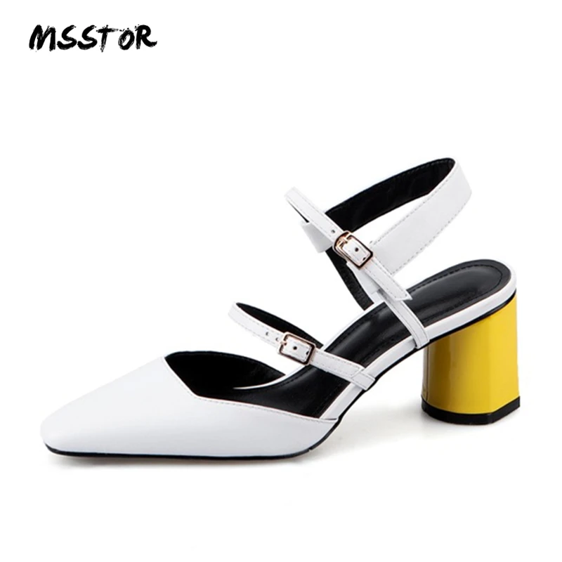 MSSTOR Buckle Strap Ladies Pumps Party Genuine Leather Yellow Fashion Summer High Heels Shoes Women Square Toe Women Sandals MSSTOR Buckle Strap Ladies Pumps Party Genuine Leather Yellow Fashion Summer High Heels Shoes Women Square Toe Women Sandals